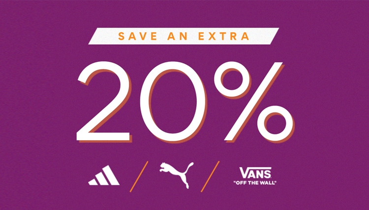save an extra 20% off adidas, puma, and vans